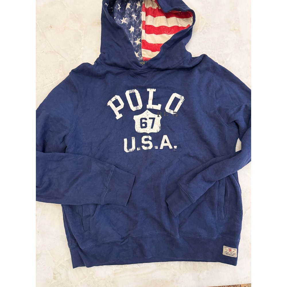 Polo Ralph Lauren Navy Blue USA Flag Hooded Sweatshirt (Women's Medium/Boys XL)